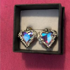Heart-Shaped Silver and Blue Crystal Earrings